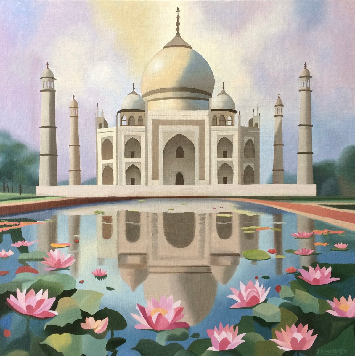 Surrealistic Oil Painting , Taj Mahal With Lotus By Jill Ann Harper, 18 X 18, Artwork For Sale On Artfinder