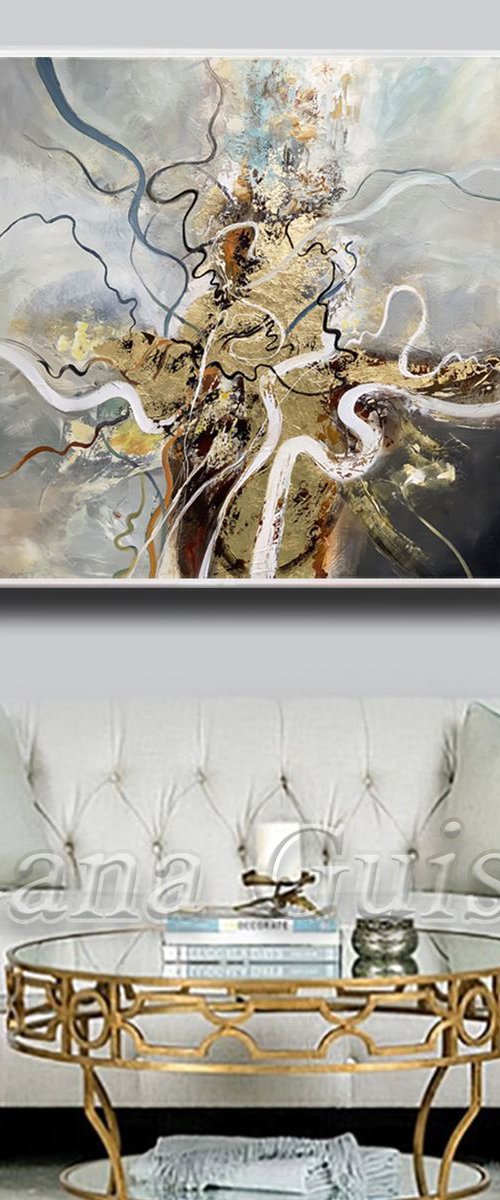 36" Abstract Painting, Gold Leaf Large Painting, Wall Art, Abstract Art, Contemporary Art, Living Room Minimalist Painting by Lana Guise