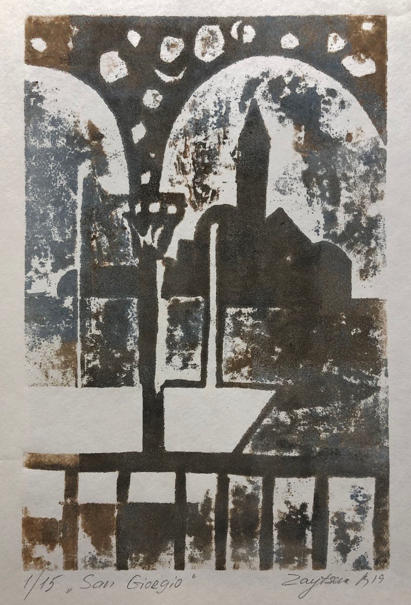 Venice. San Giorgio Madjore. Collagraph. Version in blue. by Maria Zaytseva