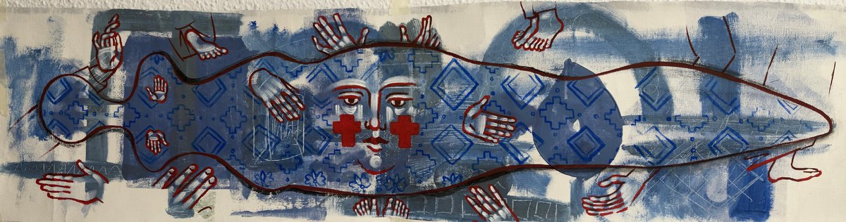 Naive Abstract Acrylic Painting By Yuliia Chaika, 39 X 10", Horizon, Original Artwork