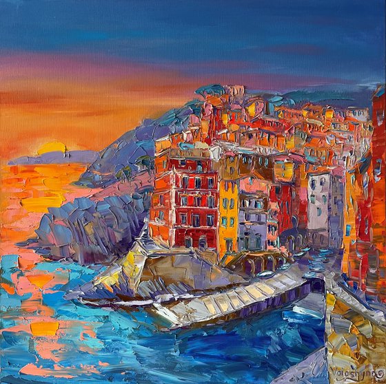 ''Bright sunset''. Seascape. City by the sea. original oil painting.
