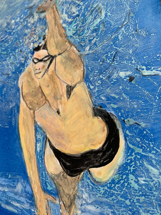 Swimmer II Acrylic Painting on Paper Unique Artwork Gift Ideas Home Decor