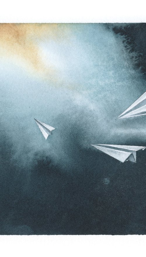 Promises X - Origami Paper Plane Watercolor by ieva Janu
