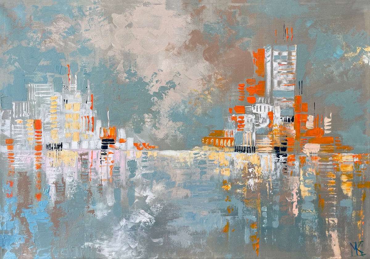 Impressionistic Abstract Acrylic Painting By Maria Kireev, 39 X 28", Pearlescent Dawn, Original Artwork