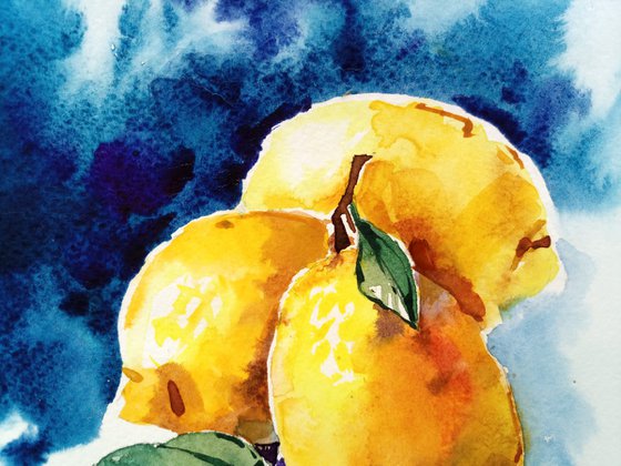 Contrasting still life "Lemons on a dark background" original watercolor artwork