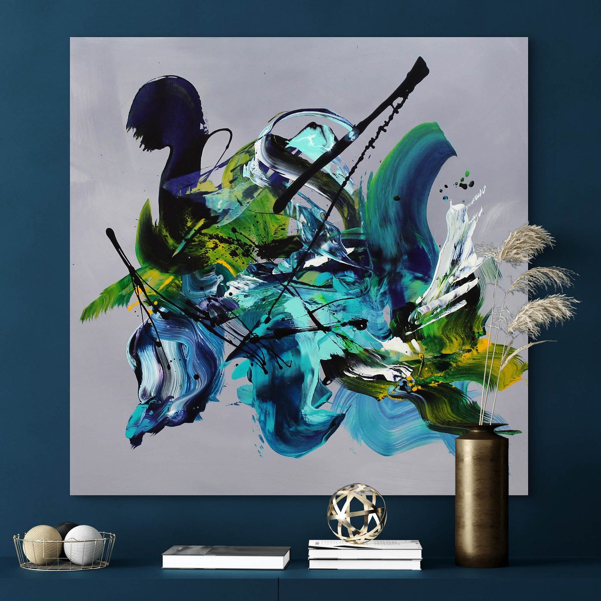 Abstract Acrylic Painting By Paresh Nrshinga Frsa, 40 X 40", Emerald Echoes, Original Artwork