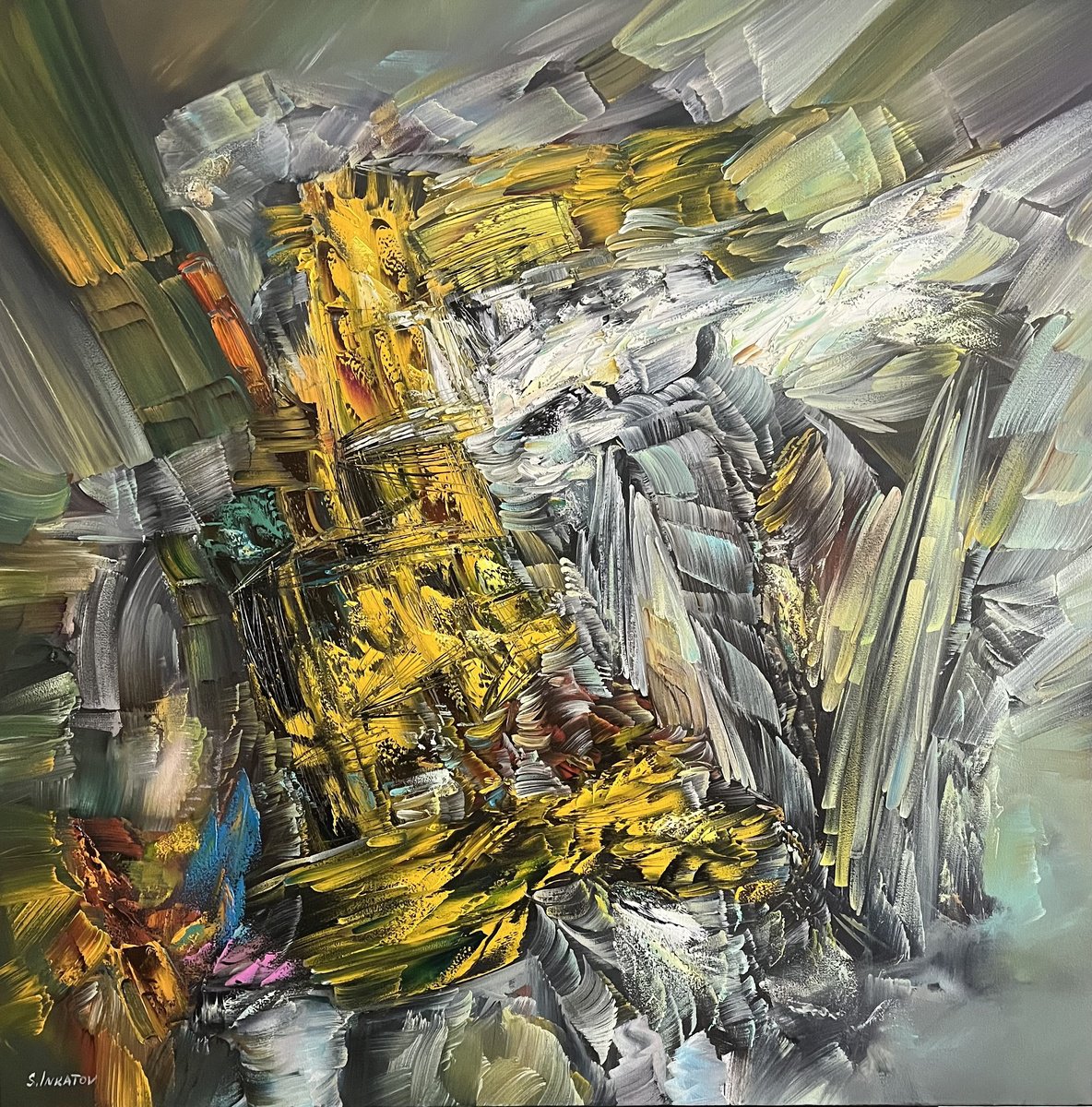 Abstract Oil Painting By Sergei Inkatov, 39 X 39", Alone With Time, Original Artwork