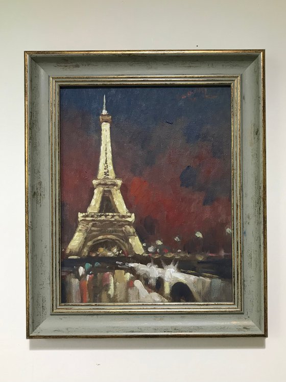 Original Oil Painting Wall Art Signed unframed Hand Made Jixiang Dong Canvas 25cm × 20cm Cityscape Goodnight Paris Small Impressionism Impasto