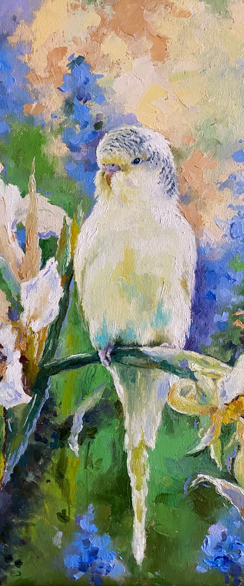Parrot in flowers by Elvira Sultanova