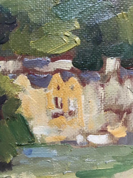 Original Oil Painting Wall Art Artwork Signed Hand Made Jixiang Dong Canvas 20cm × 25cm A Glance in South Park Oxford small building Impressionism