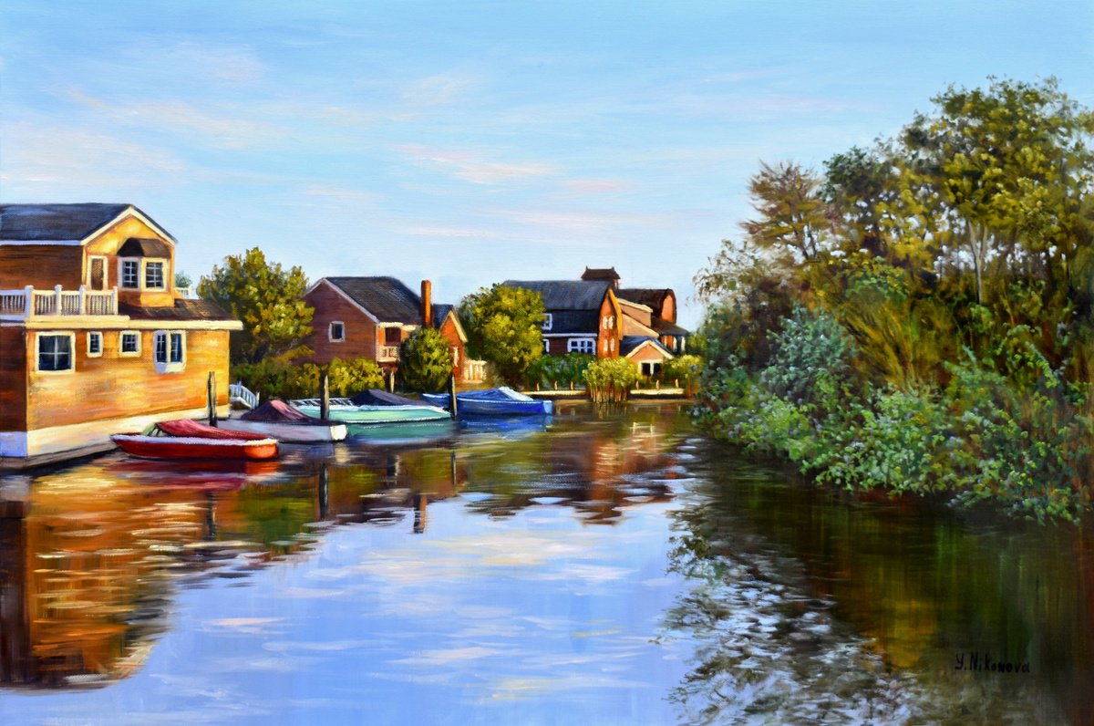 Impressionistic Landscape Oil Painting By Yulia Nikonova, 34 X 24", Evening In Bay Head, Nj, Original Artwork