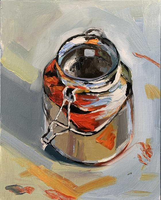 Still life.Silver jar.