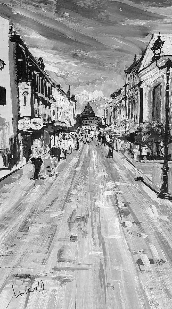 Impressionistic Cityscapes Acrylic Painting By Leonid Kirnus, 11 X 19", Walking Street, Original Artwork