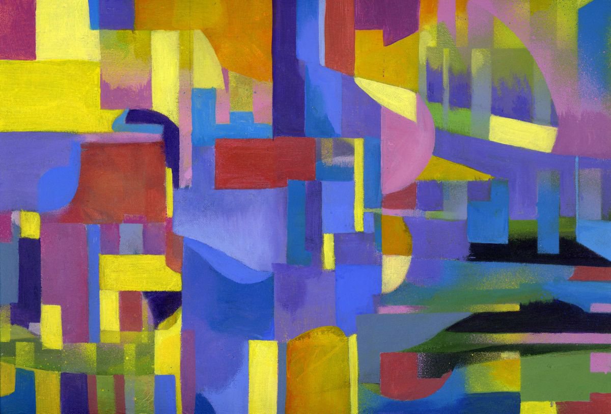 Geometric Abstract Acrylic Painting By Alfred Ng, 20 X 14, Forms And Colors, Original Artwork