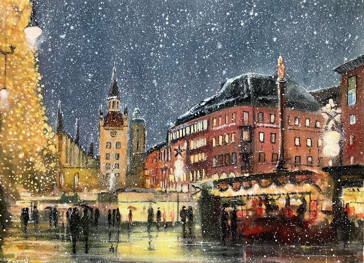 Impressionistic Cityscapes Watercolour By Darren Carey, 15 X 11, Christmas Market, Original Artwork