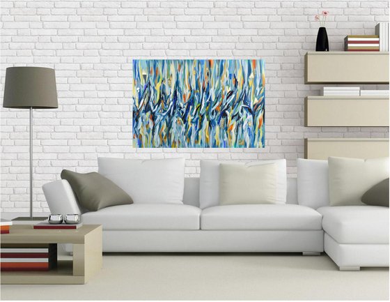 A touch of sunshine III - original abstract painting, navy blue, gold leaf, orange contemporary artwork