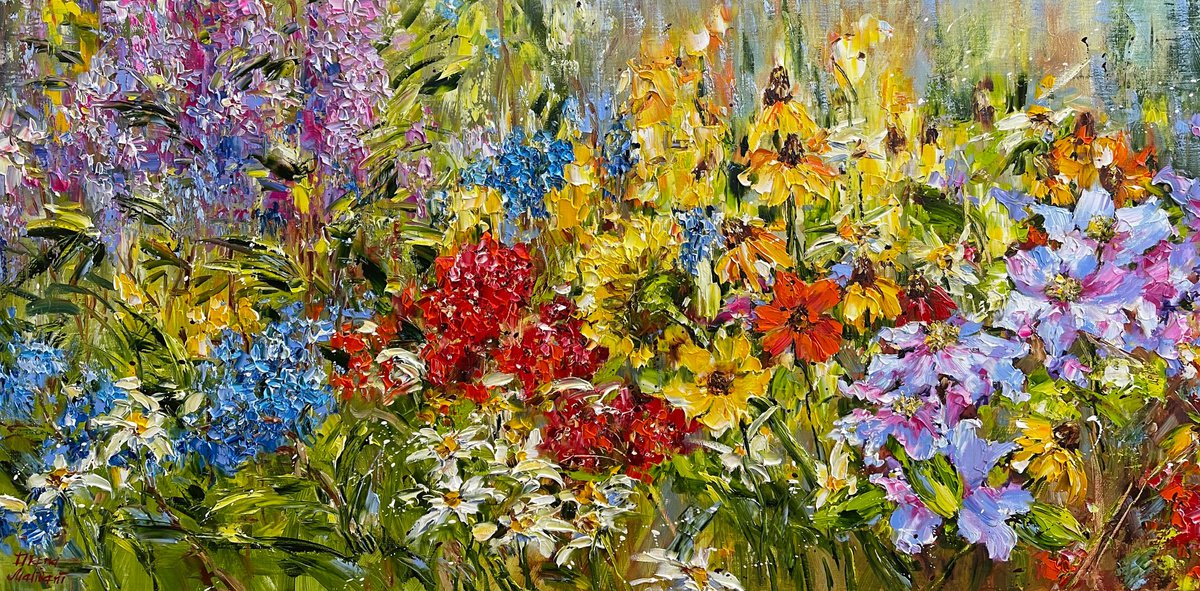 Impressionistic Botanical Oil Painting By Diana Malivani, 39 X 20, Summer Garden, Original Artwork