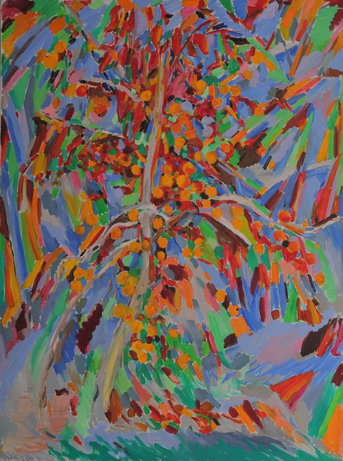PERSIMMON - Plants ans Trees, original oil painting, large size, orange and blue colours, home office decor by Karakhan