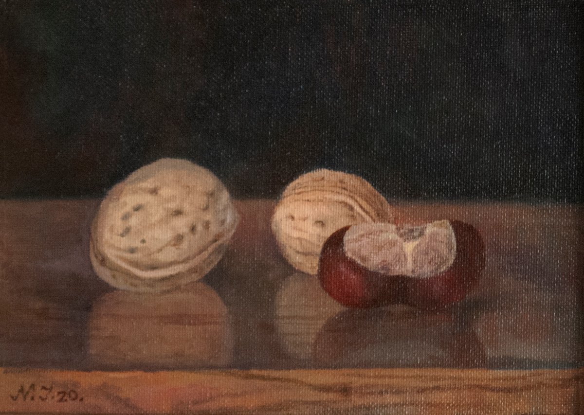 Photorealistic Still Life Oil Painting By Nikola Ivanovic, 11 X 9", Wallnuts, Original Artwork