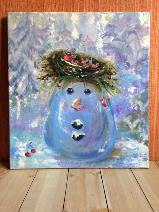 Snowman original oil painting - Nursery wall art - Winter gift idea