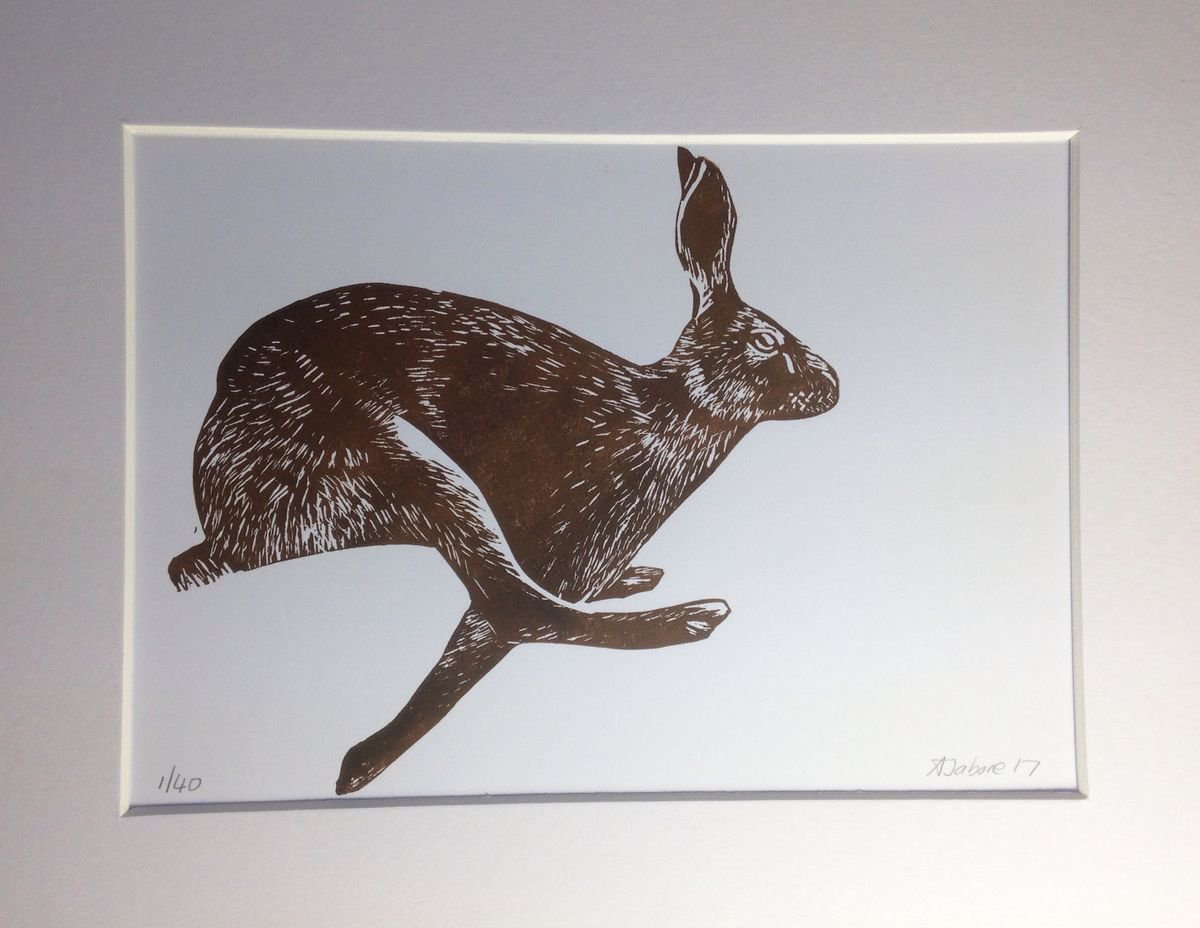 Running Hare Linocut, Printed in Brown, Mounted by Alex Jabore Paintings and Prints