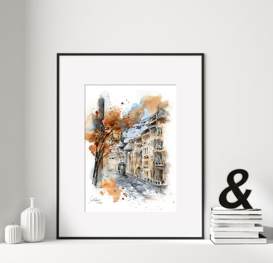 Architecture Sketch - Street and Autumn tree