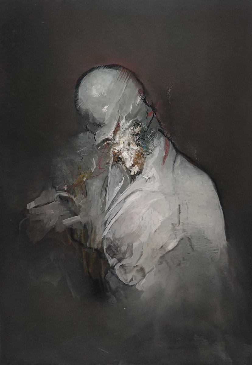 Abstract Portrait Oil Painting By Mladen Ilic, 14 X 19", Unspoken, Original Artwork