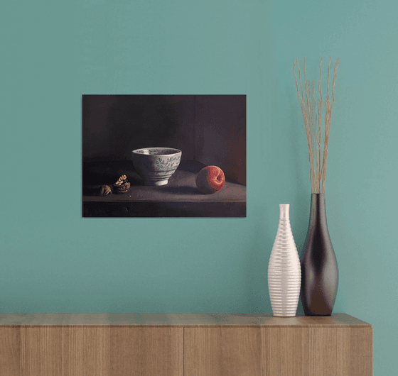 Grisaille Still Life: Peach and Walnuts