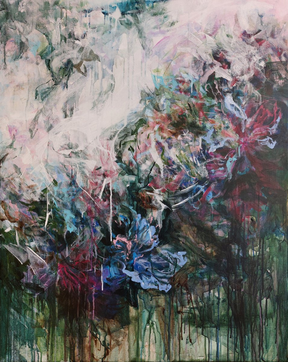 Expressive Botanical Acrylic Painting By Katia Solodka, 31 X 39", Ephemeral Echoes, Original Artwork