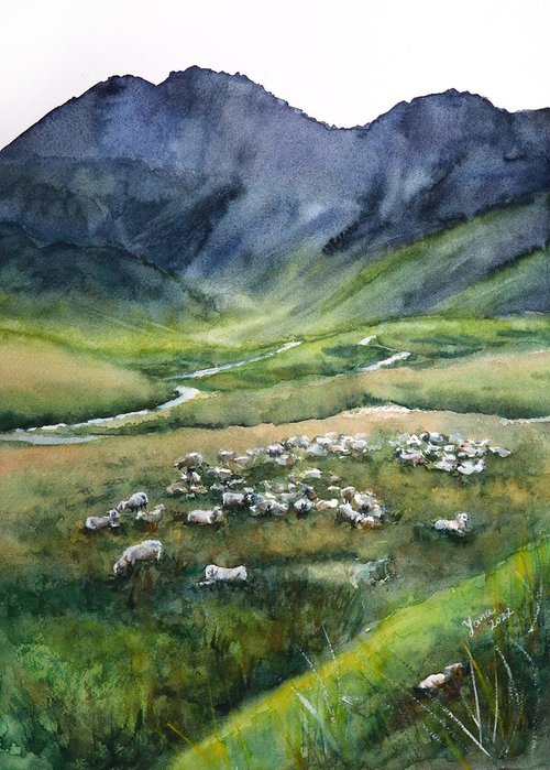 Herding sheep, Mont Blanc - Original Watercolor Painting by Yana Shvets