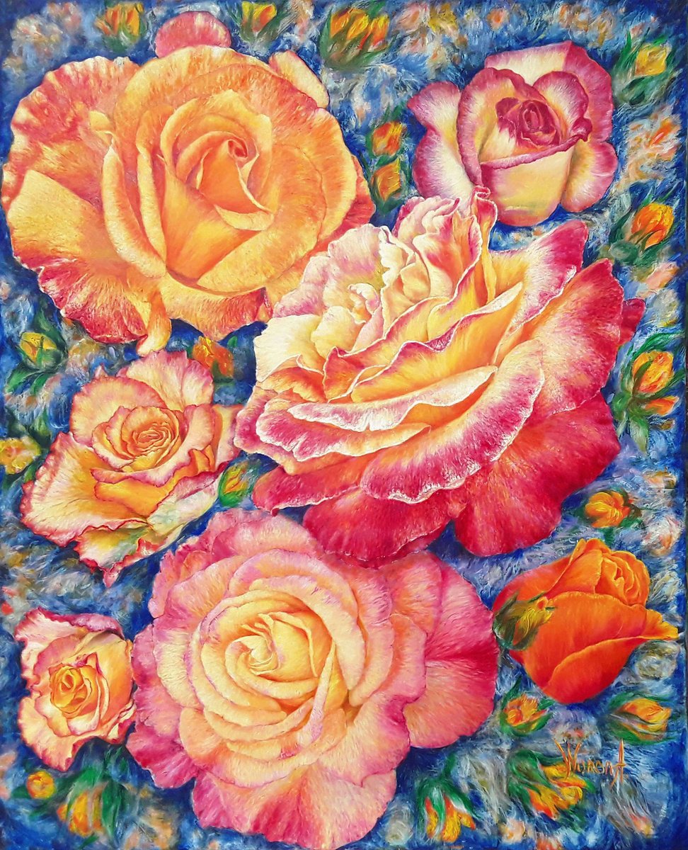 Botanical Oil Painting By Anastasia Woron, 13 X 17, Rose.pink And Orange Roses., Original Artwork
