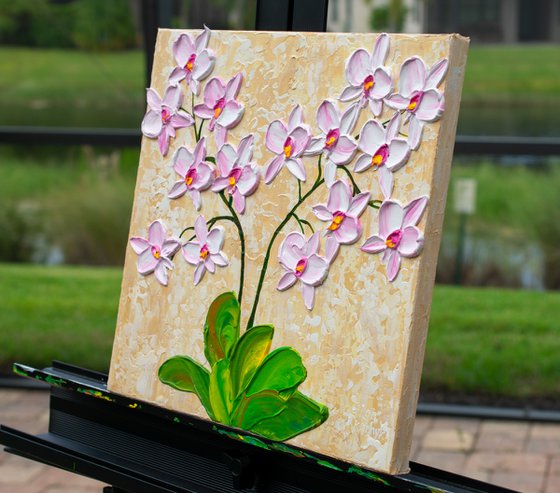 Pink Orchid Blooms - Impasto Flower Painting