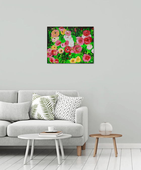 WHITE PINK YELLOW RED  ROSES IN A GARDEN palette knife modern still life  flowers office home decor gift