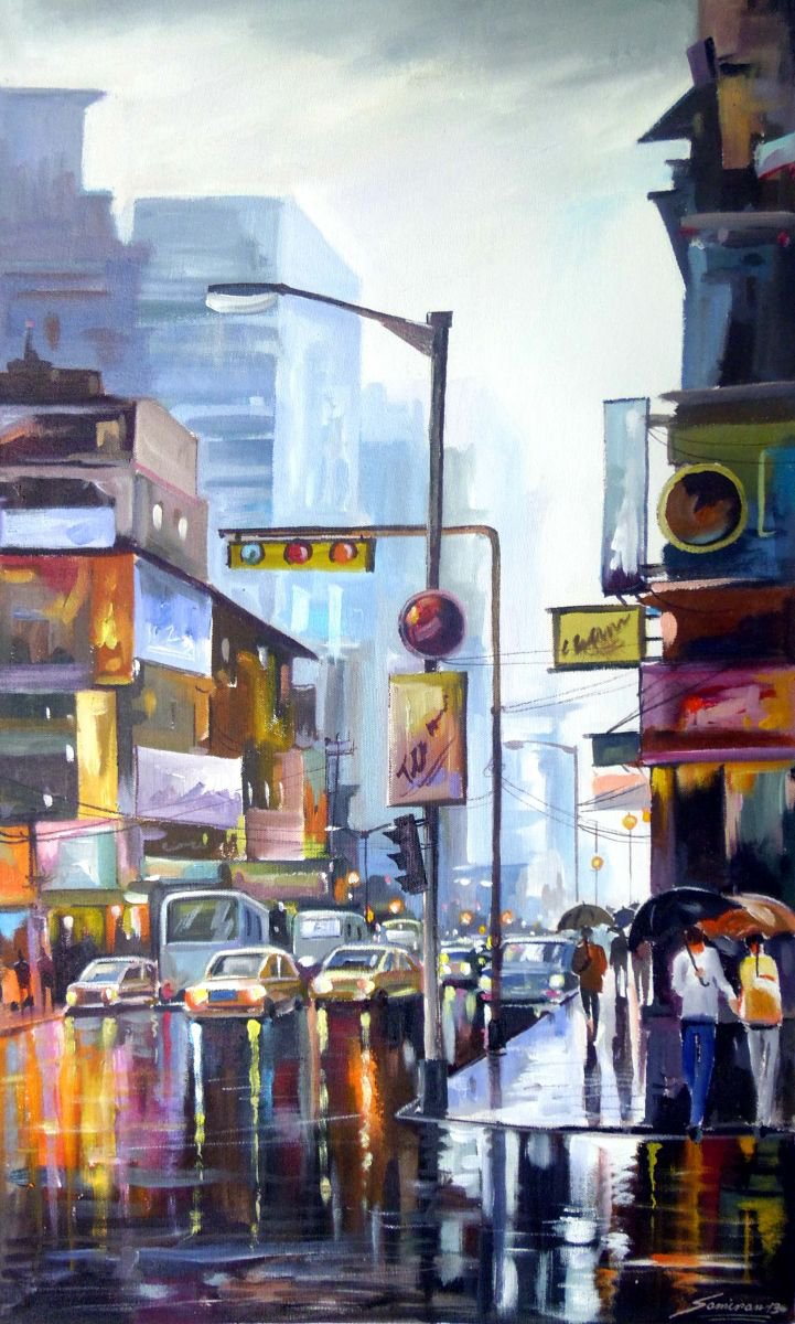 Photorealistic Cityscapes Acrylic Painting By Samiran Sarkar, 17 X 28", Street After Rain, Original Artwork