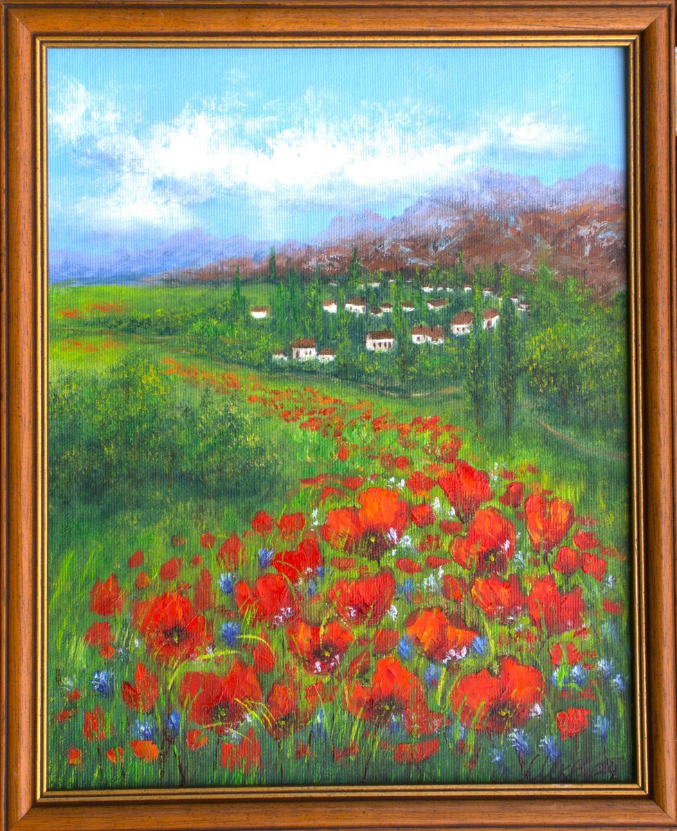 Impressionistic Landscape Oil Painting By Ludmilla Ukrow, 12 X 15", Poppies In The Land, Original Artwork