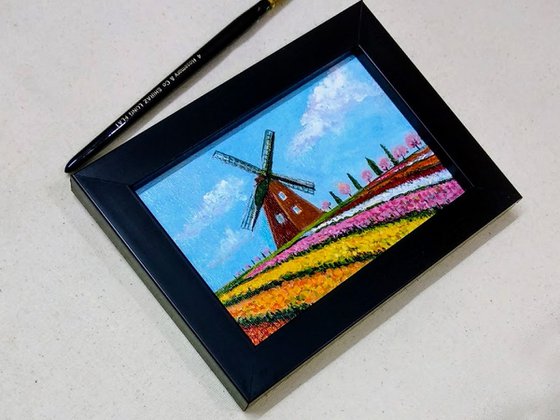 Miniature Dutch Windmill and Tulips Landscape