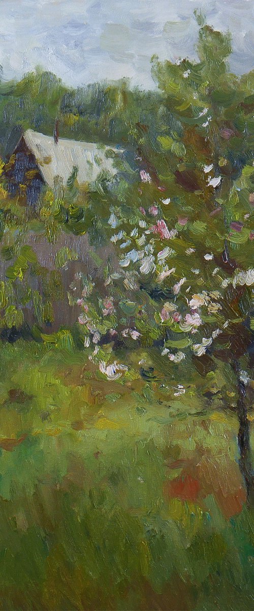 Blooming Apple Tree In The Garden - impressionistic oil painting by Nikolay Dmitriev
