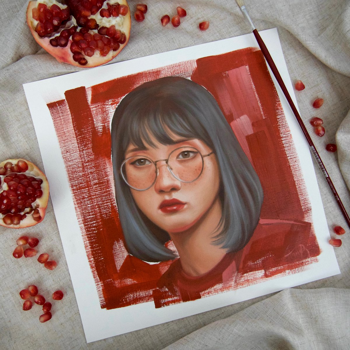 Photorealistic Portrait Oil Painting By Anna Bernadskaya, 11 X 11, Red Lips, Original Artwork