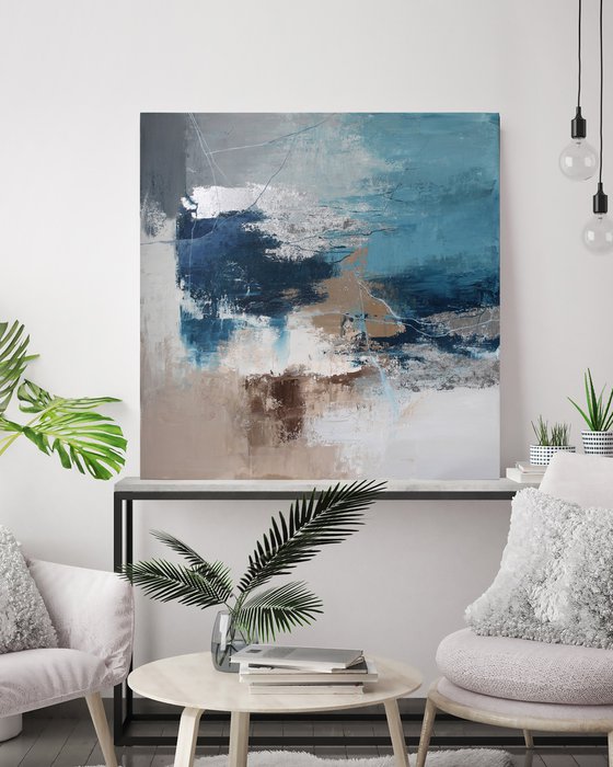 "Wave 3" Abstract navy and gray acrylic art