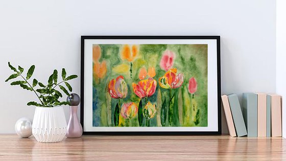 Tulip Painting Floral Original Art Flowers Watercolor Artwork Home Wall Art 17 by 12" by Halyna Kirichenko