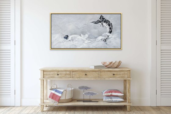 OCEAN SURPRISE. Large Gray Abstract Painting of Fish Jumping out of the Water