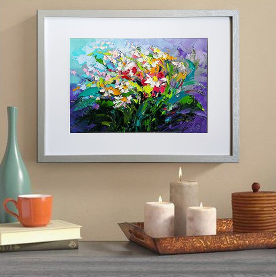 Bouquet of wild flowers - original abstract oil still life with flowers painting