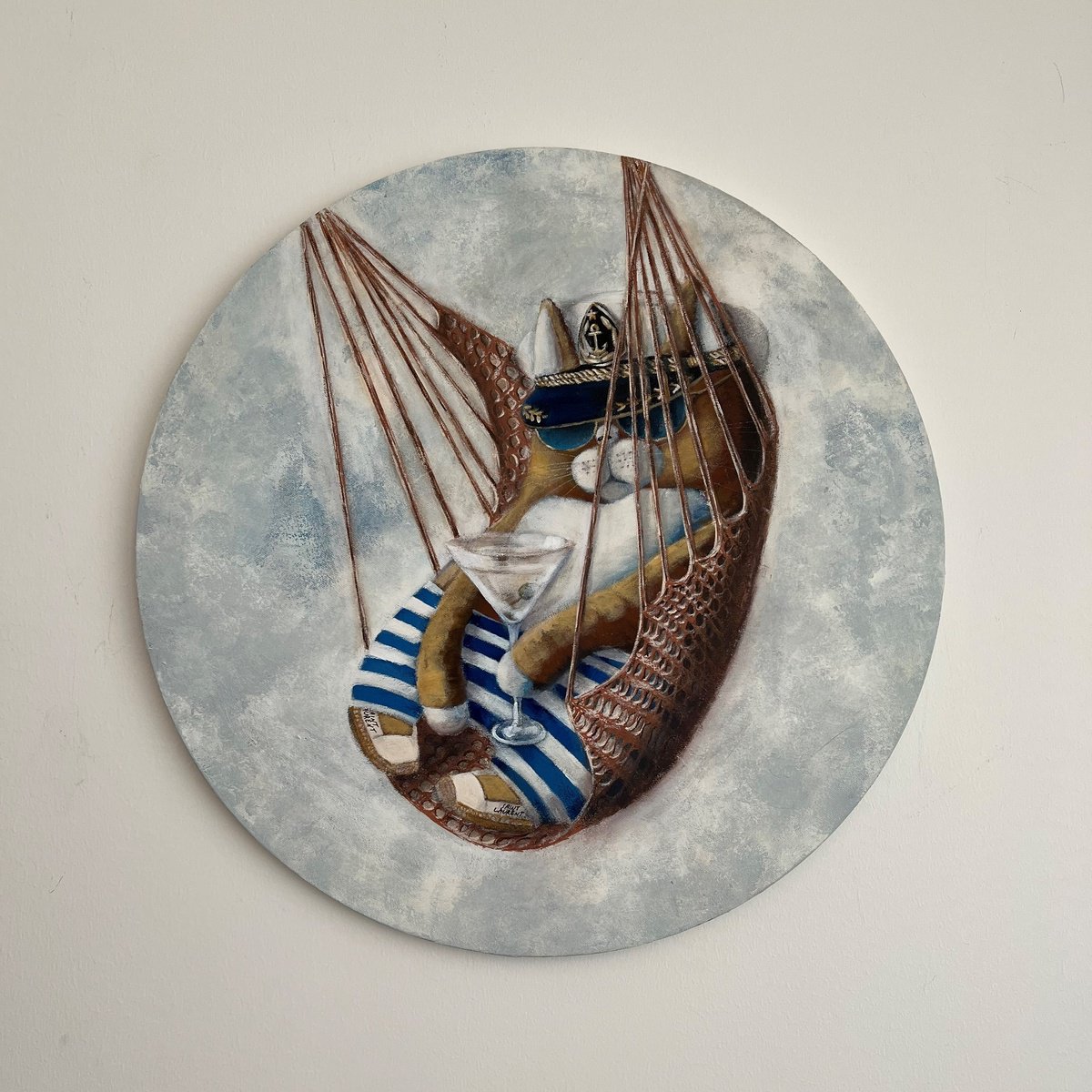 Cartoon Animal Acrylic Painting By Olesya Izmaylova, 24 X 24", Captain On Vacation, Original Artwork