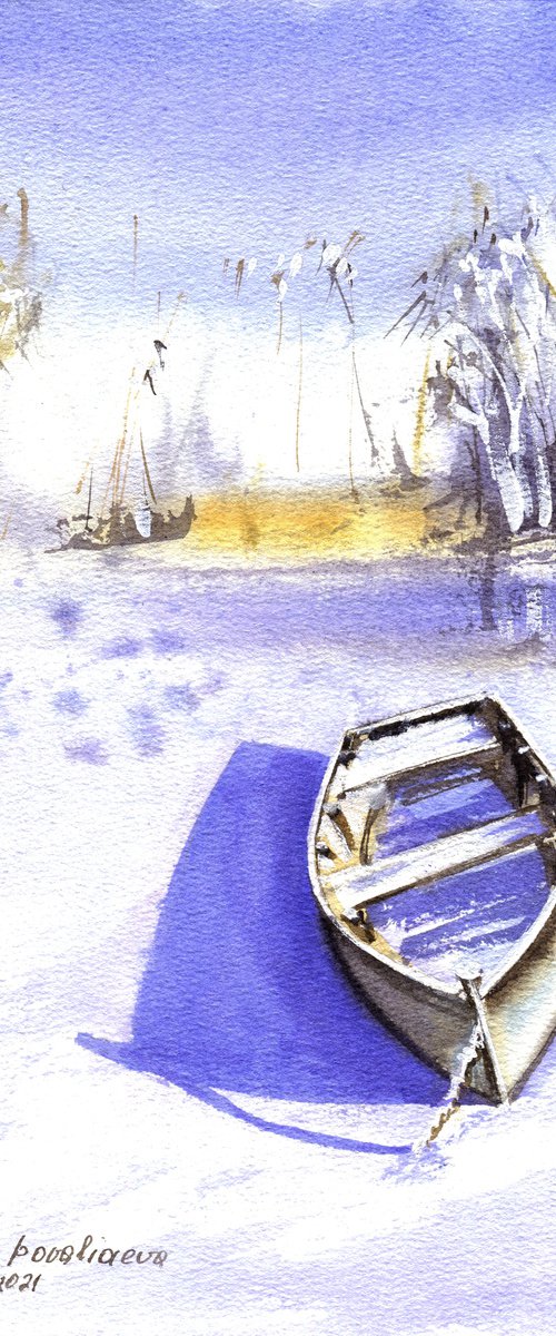 Boat at the winter river original watercolor painting blue sky painting small format gift idea by Irina Povaliaeva