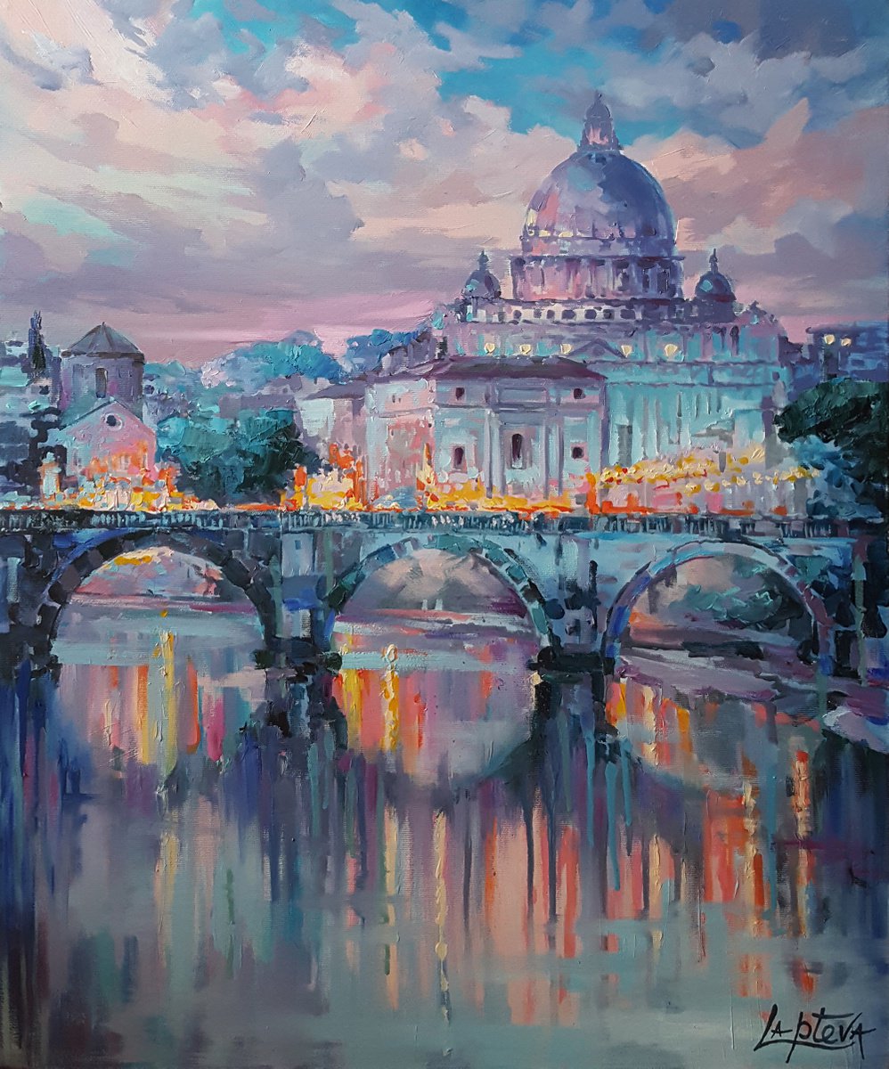 Impressionistic Cityscapes Acrylic Painting By Viktoria Lapteva, 24 X 28", Evening In Rome, Original Artwork