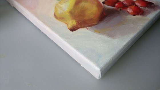 Apples Lemon And Dog Rose Fruit ( Original oil painting ready to hung canvas gallery wrapped. Gift idea, home decoration idea. Red fruits rose hips and citrus on the light background)