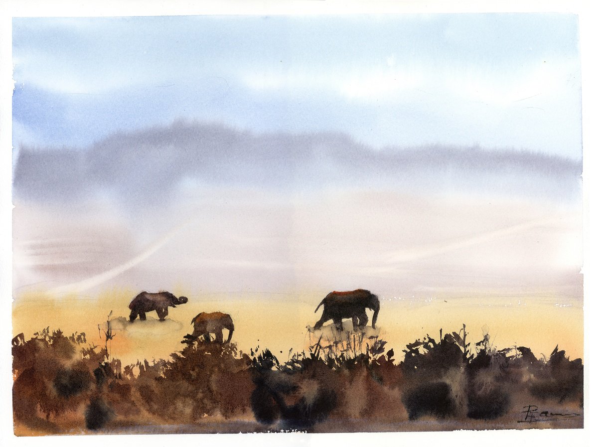 Impressionistic Animal Watercolour By Olga Tchefranov (Shefranov), 15 X 11", Evening Elephants, Original Artwork