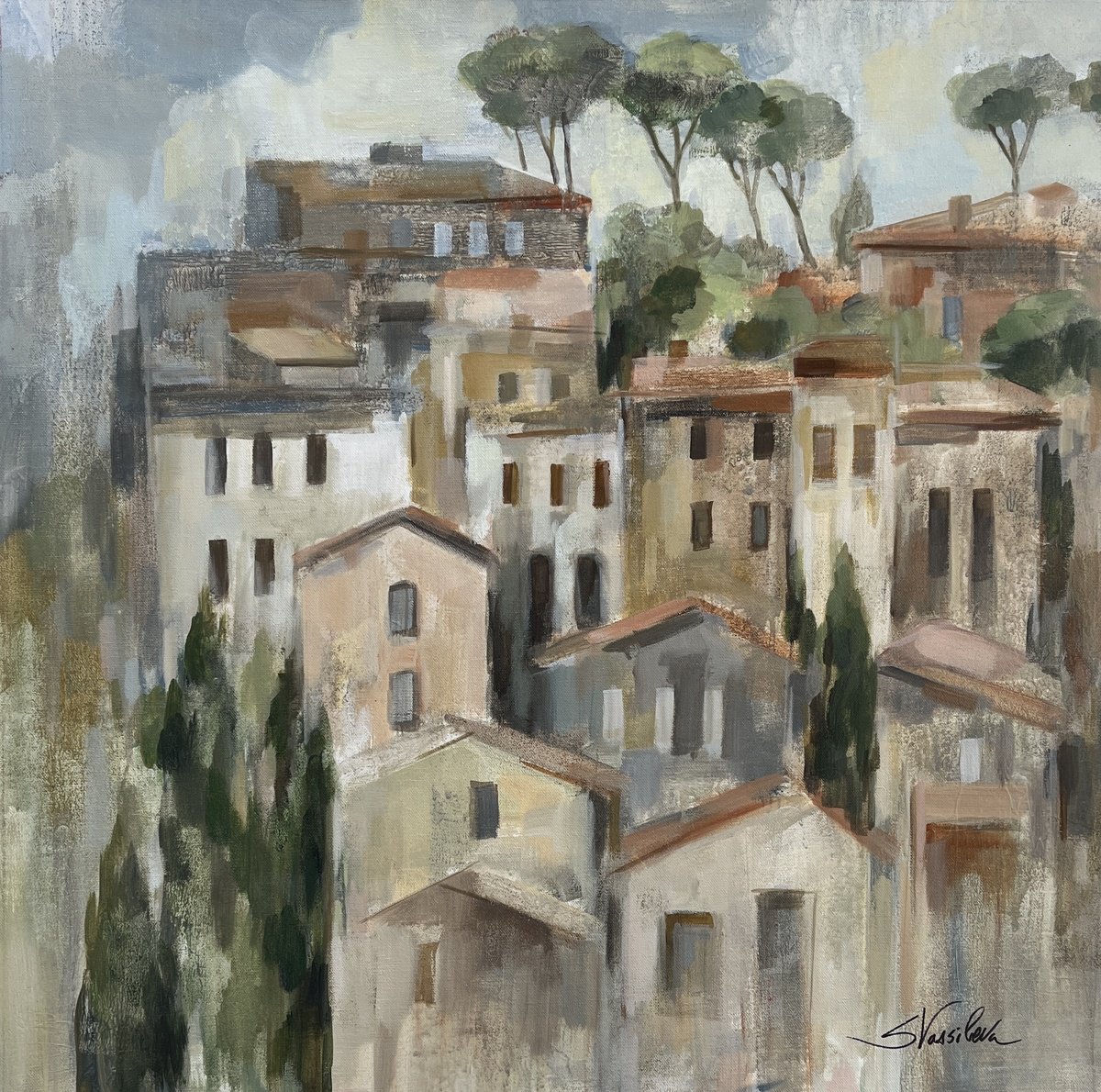 Impressionistic Cityscapes Acrylic Painting By Silvia Vassileva, 26 X 26", Pines Of Florence, Original Artwork