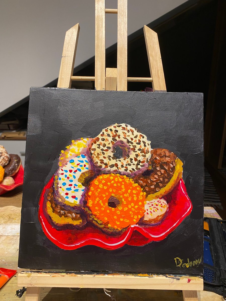 Impressionistic Still Life Acrylic Painting By Dmitry Fedorov, 10 X 10, Colourful Donuts In Red Dish, Original Artwork