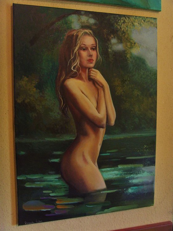 Nude Surrounded by Water Lilies - 50 x 70cm Original oil Painting